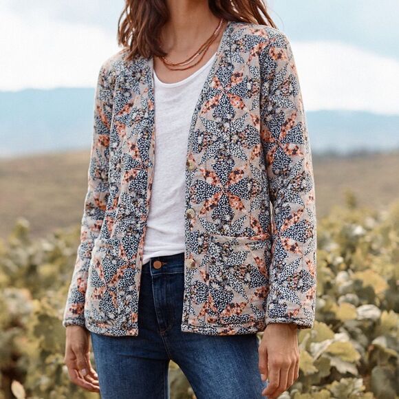 Garnet Hill Organic-Cotton Quilted Gauze Jacket Cottage Floral Size Small Fall - Picture 2 of 15